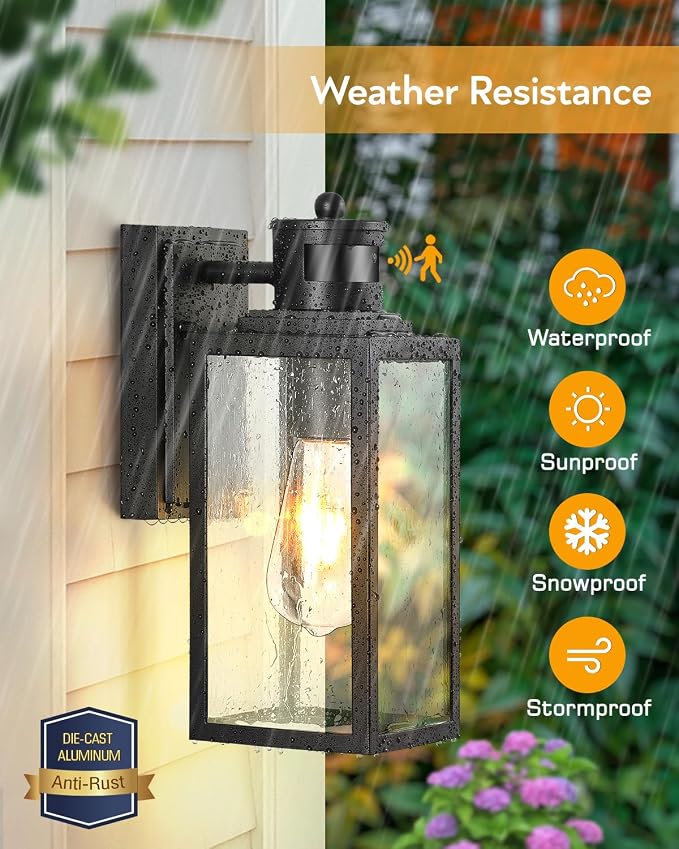 VIANIS 2 Pack Motion Sensor Porch Lights Outdoor, Modern Black Exterior Lighting Fixtures Wall Mount for House, Anti-Rust Waterproof Outdoor Sconce Lights for Garage, Front Door with Seeded Glass