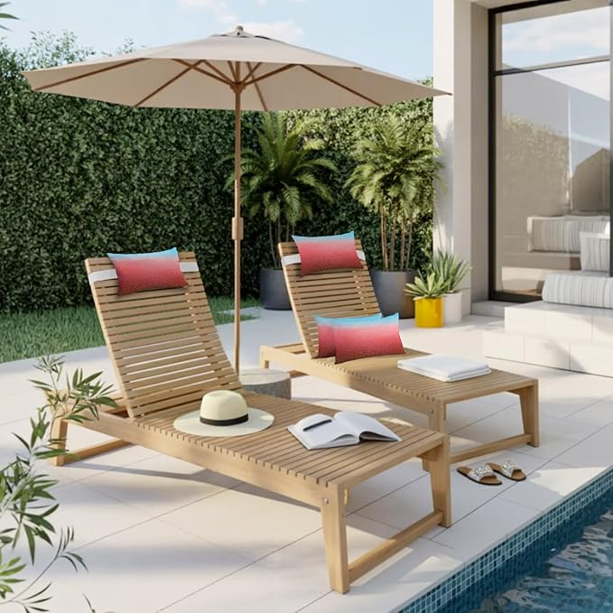 Chaise Lounge Headrest Pillow 1 Pack, Blue Red Ombre Waterproof Chair Pillows with Insert & Adjustable Elastic Strap for Beach Pool Recliner, Geometric Stained Glass Outdoor Patio Pillow