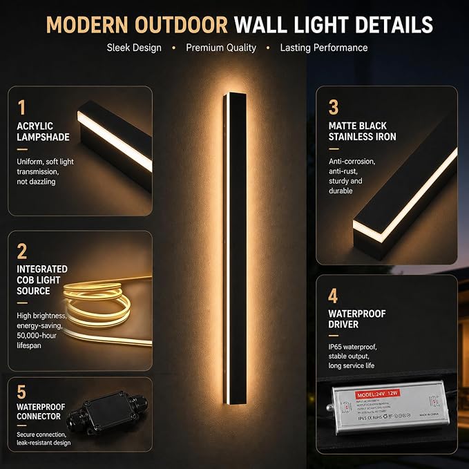 31 Inch Outdoor Wall Lights Set of 2, Long Modern Wall Sconce LED IP65 Waterproof Outdoor Wall Lamp 3000K Modern Wall Mount Exterior Light Fixture for House Garage