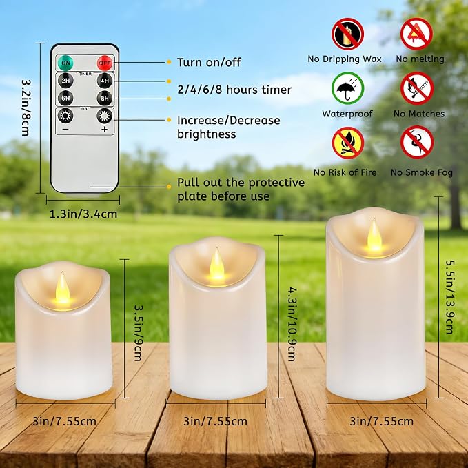 Outdoor Flameless Candles, Patented 3D Dual-LED, Set of 3 Slanted Resin Pillars with Remote, Crisp White Centerpiece for Dining Table, Waterproof Non-Melting Battery Operated, White