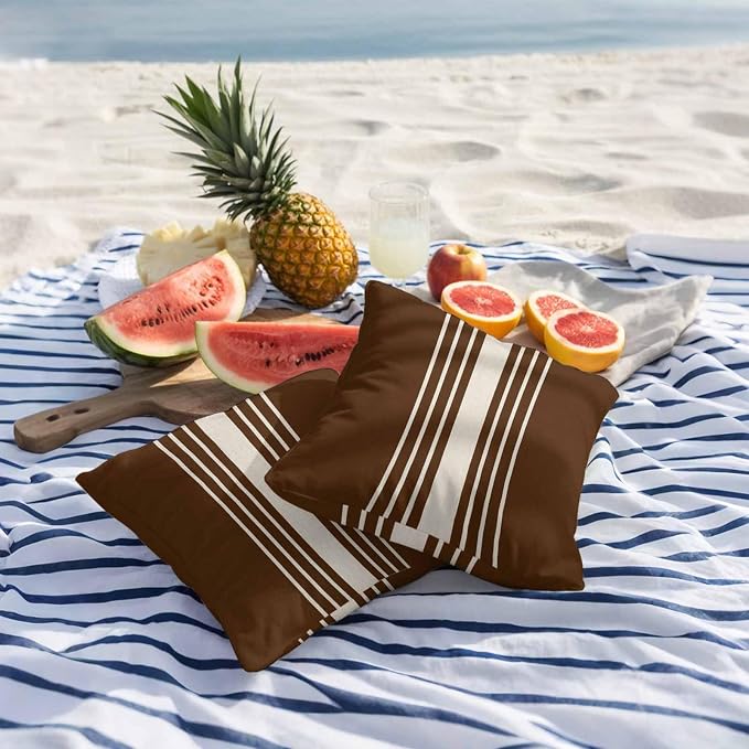 Brown Beige Striped Outdoor Pillow Covers 24x24 Inch Throw Pillow Covers Set of 2 Waterproof Decorative Pillow Cases Modern Farmhouse Retro Lines Cushion Covers for Patio Furniture Garden Couch Sofa