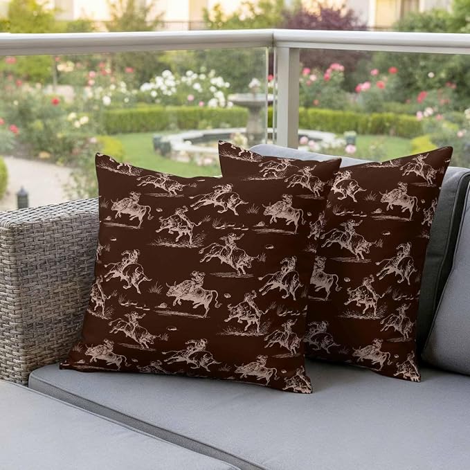 Western Cowboys Outdoor Pillow Covers Waterproof, All Weather Cushion Case Set of 2, Brown Farmhouse Country Pastoral Scenery Decorative Pillowcases for Sofa Couch Bed Decor Patio Furniture 16"x16"