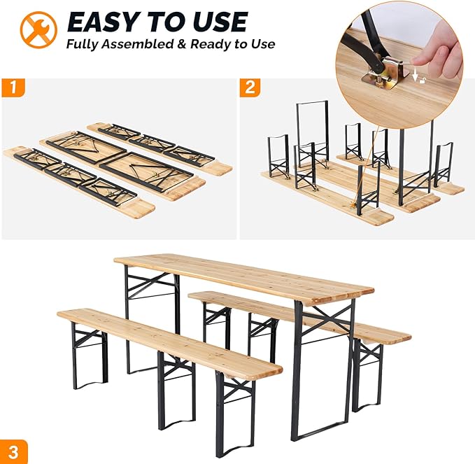 VINGLI 70 Inch Folding Picnic Tables with Benches Set, Weather-Resistant Wooden Beer Garden Table Bench, 3-Piece Portable Fold Up Camping BBQ Table w/Carrying Handles,Natural Wood Color
