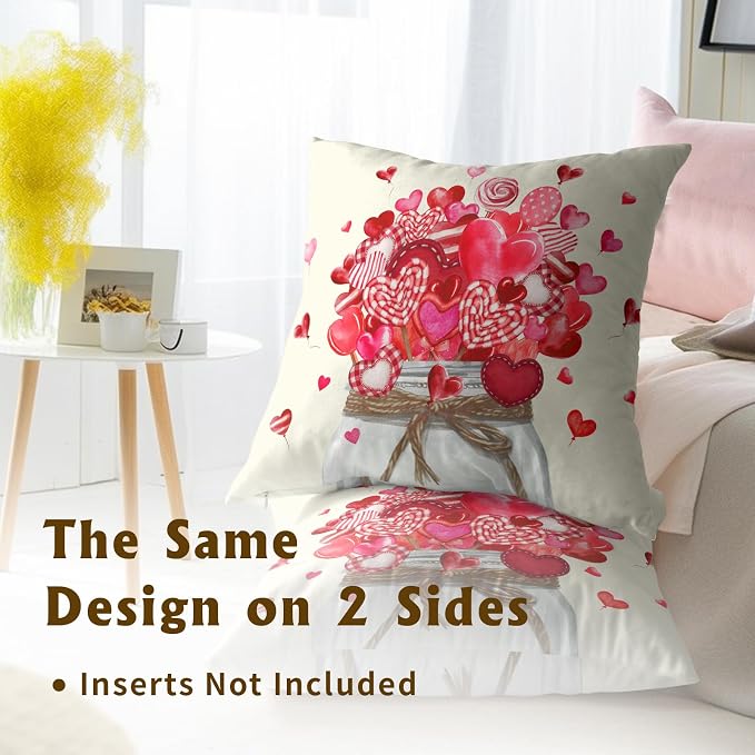 Valentines Day Throw Pillow Covers 18x18 Set of 2, Cute Love Heart Candy Canes Decorative Pillowcases Square Cushion Cover for Couch Bed Sofa Anniversary Wedding Home Decor