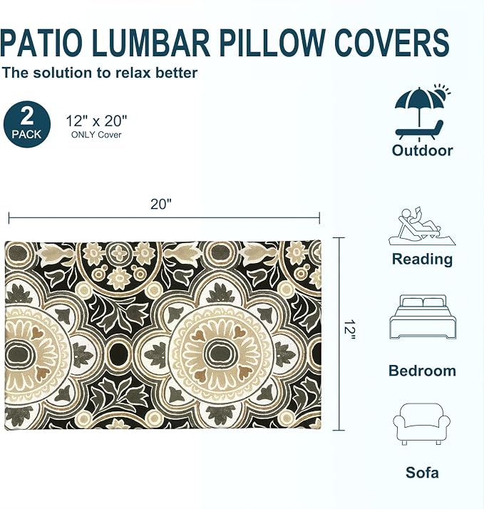 DYTXIII Pack of 2 Outdoor Waterproof Lumbar Pillow Covers ONLY, 12x20 Rectangle Decorative Double Printed Pillow Cases for Patio Couch Porch Furniture - Vintage Medallion