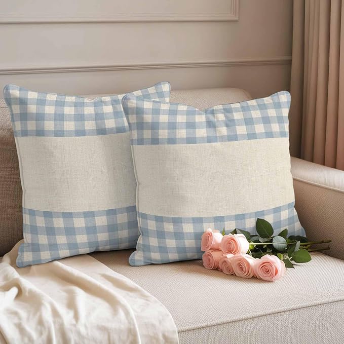 Retro Blue Outdoor Waterproof Pillow Covers, Farmhouse Buffalo Plaid Vintage Beige Decorative Square Throw Pillowcase Sofa Cushion Sham for Patio/Couch/Chair, 18"x18" 2 Pack