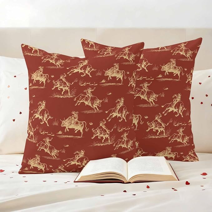 Orange Western Cowboys Outdoor Pillow Covers Waterproof, All Weather Cushion Case Set of 2, Vintage Country Cow Grass Decorative Pillowcases for Sofa Couch Bed Decor Patio Furniture 18"x18"