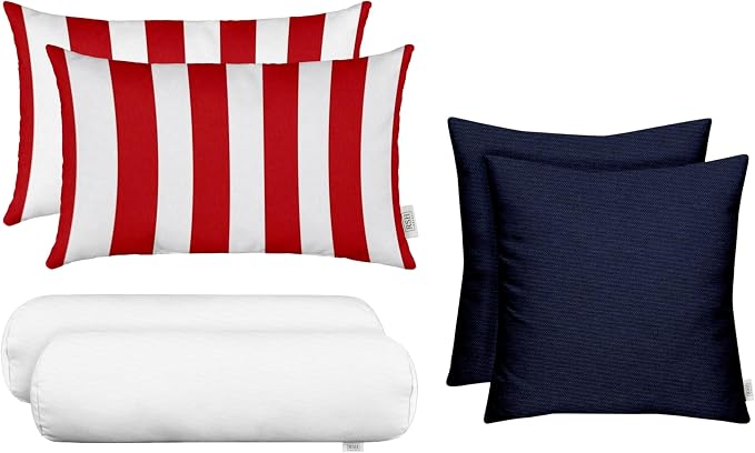 RSH DECOR: 6-Pack Red White & Blue Pillow Set | All-Weather Spun Fabric | Water & Fade-Resistant | Outdoor Pillows Lumbar, Square, & Neck Roll | Red & White Stripe, White, Navy Blue
