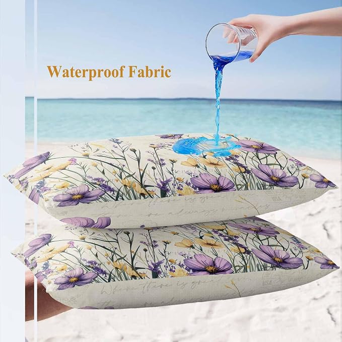 Spring Floral Outdoor Waterproof Throw Pillow Covers Set of 2, 20"x12", Purple Yellow Flower Leaves Retro Letter Texture Decorative Pillow Covers Outside Cushion Case for Patio Porch Garden
