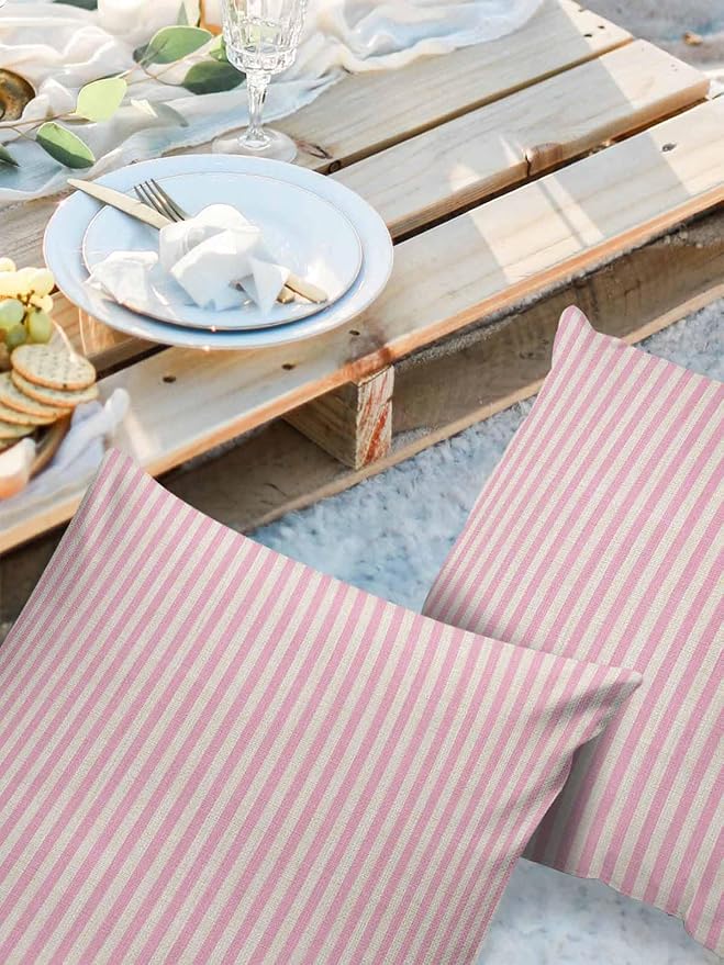 Outdoor Waterproof Throw Pillow Covers Set of 2 Pink Stripes Pillowcases 26x26 Inches Linen Classic Vertical Striped Patio Decorative Pillows Cushion Case Patio Pillows for Couch Bed Chair Garden