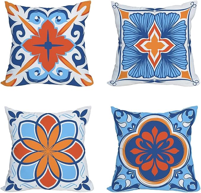 Outdoor Waterproof Throw Pillow Covers 18x18 inch Floral and Boho Style Decorative Pillow Covers Modern Geometric Pillowcase for Patio Funiture Garden Set of 4, Blue and Orange