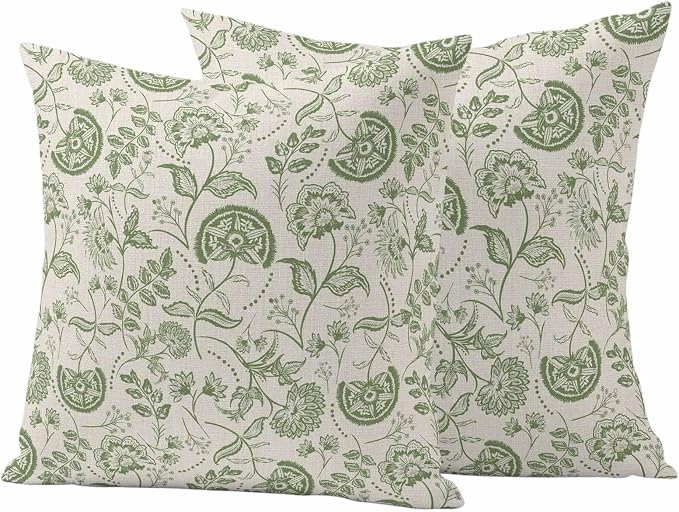 Outdoor Pillow Covers 26x26 Set of 2, Sage Green Spring Floral Waterproof Patio Throw Pillow Covers for Couch Sofa Chair, Retro Summer Botanical Farmhouse Decorative Pillowcases for Throw Pillows