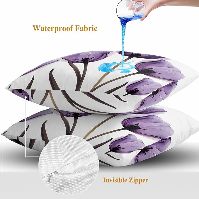 Spring Purple Outdoor Waterproof Throw Pillow Covers Set of 2, 24"x24", Flowers Image of Tulips Floral Decorative Pillow Covers Outside Cushion Case for Patio Porch Garden
