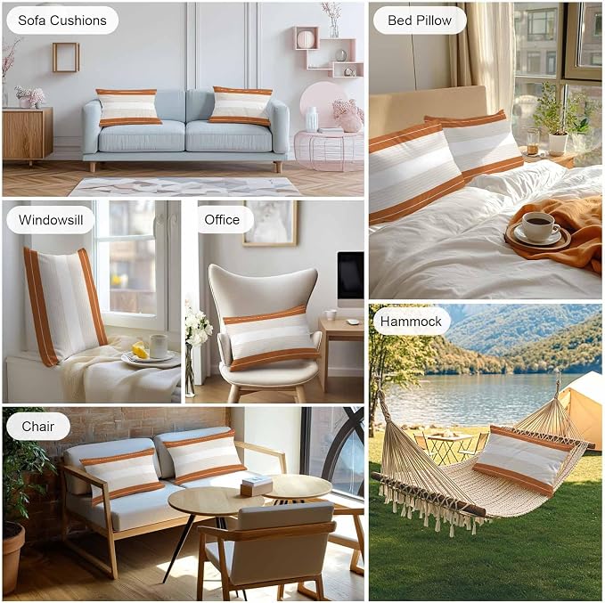 Orange Beige Stripe Outdoor Pillow Covers Waterproof, All Weather Cushion Case Set of 2, Modern Art Horizontal Striped Lumbar Pillowcase for Sofa Couch Bed Decor Patio Furniture 20"x12"
