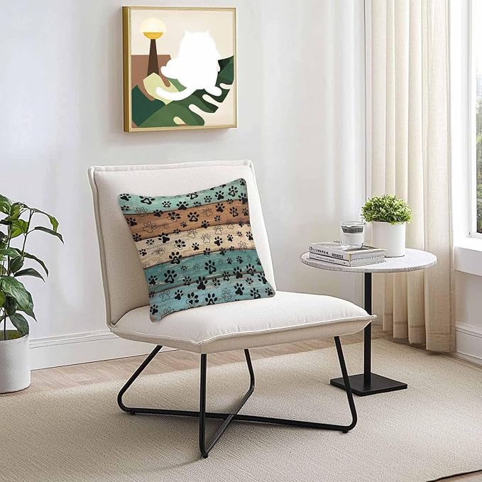 Outdoor Waterproof Throw Pillow Covers Set of 2 Dog Paw Pillowcases 18x18 Inches Pets Print Teal Brown Wood Grain Decorative Pillows Cushion Case Patio Pillows for Couch Bed Chair Garden