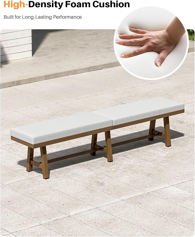 76'' Outdoor Patio Bench, 3-Seat Never-Rust Aluminum Backless Outdoor Bench with Thick Cushion, Weatherproof Outdoor Dining Benches, Outside Porch Benches for Balcony, Deck, Garden, Lawn, Teak