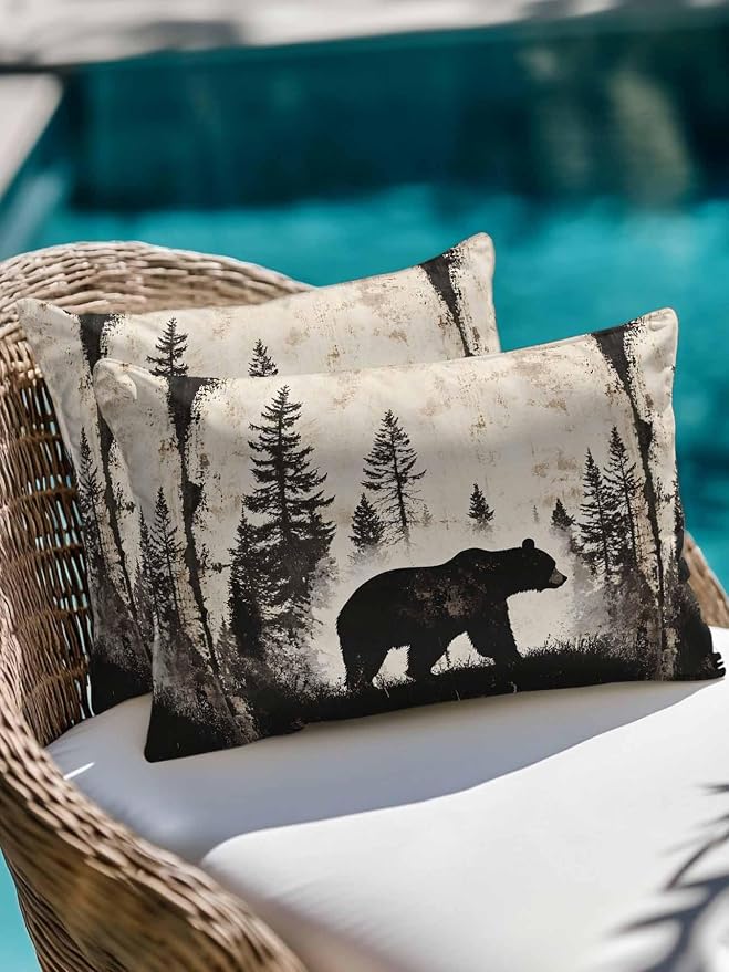 Outdoor Waterproof Throw Pillows Forest Brown Bear Silhouette Patio Pillows,Decorative Pillow Covers with Insert,Pillow Cushion Case for Garden Couch Sofa Minimalist Modern Art