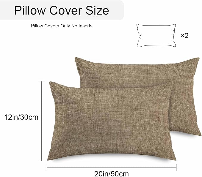 Vandarllin Outdoor Throw Pillows Covers 20x12 inch Set of 2 Waterproof Brown Linen Decorative Zippered Cushion Covers for Patio Furniture, Farmhouse Pure Color Lumbar Pillowcases