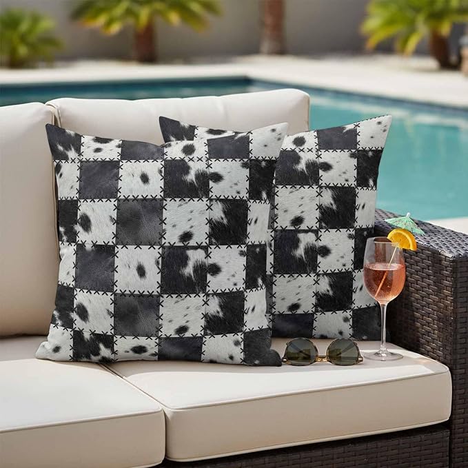 Black White Animal Printed Outdoor Pillow Covers 26x26 Inch Throw Pillow Covers Set of 2 Waterproof Decorative Pillow Cases Farmhouse Fur Texture Plaid Cushion Covers for Patio Furniture Garden Couch