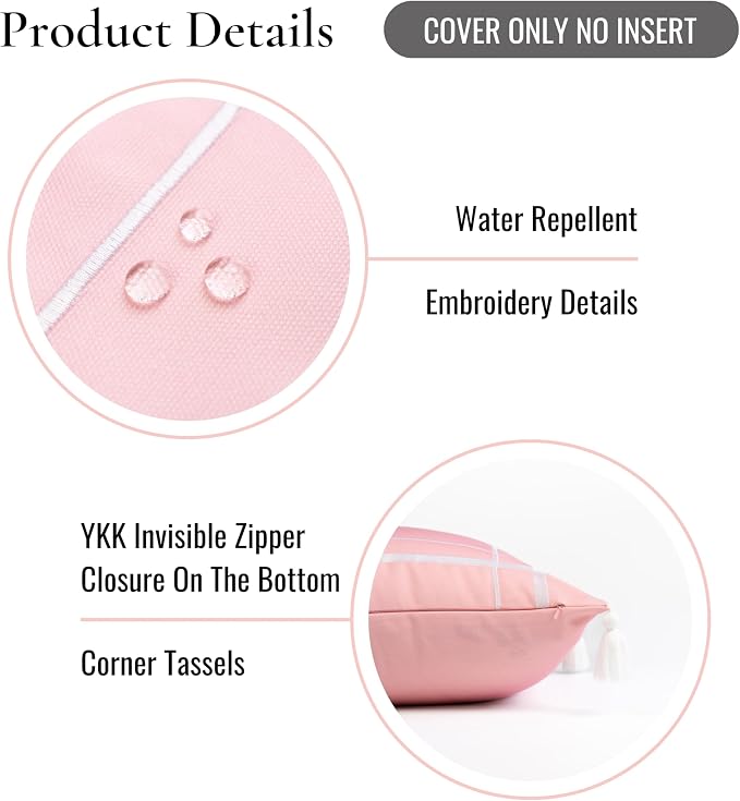 Hofdeco Premium Coastal Patio Indoor Outdoor Lumbar Pillow Cover Only, 12"x20" Water Repellent for Backyard, Couch, Blush Pink Embroidered Line Frame