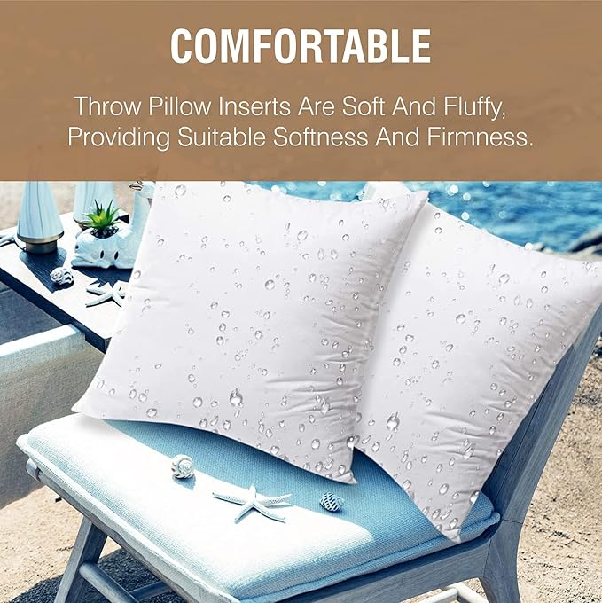 ACCENTHOME Outdoor Pillow Inserts 18 x 18 (Pack of 4) Waterproof Hypoallergenic Sham Stuffer | White Square Water Resistant Throw Pillows Insert | Decorative Pillow Filler Forms for Patio, Chair | Outdoor & Waterproof Material, Premium pillow inserts s...