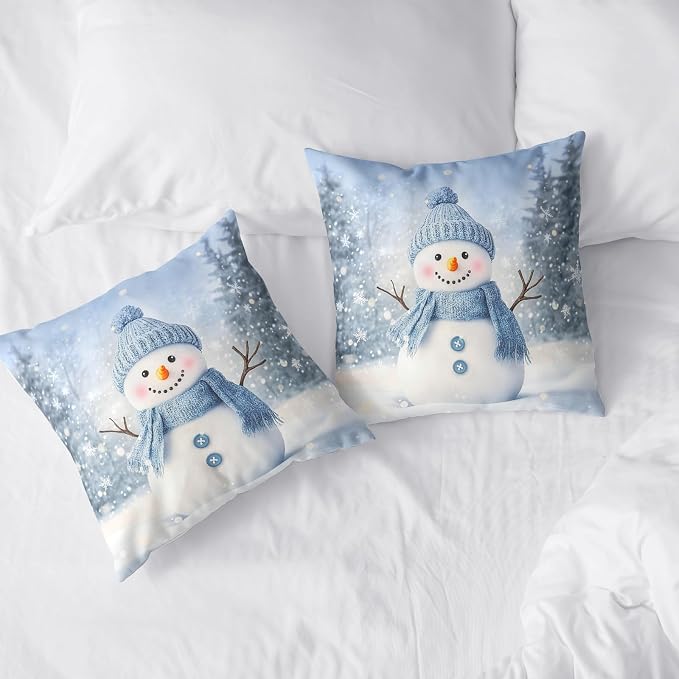 Blue Snowman Throw Pillow Covers Winter Pillow Covers 24x24 Snowflakes Pillow Case Double Sided Printing Cushion Case for Home Decor Couch Sofa Set of 2