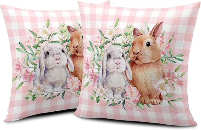 Spring Easter Pillow Covers 20x20 Pack of 2 Lovely Rabbit with Lily Flower Throw Pillow Covers Pink Plaid Bunny Pillow Case for Spring Easter Decoration Sofa Patio Garden