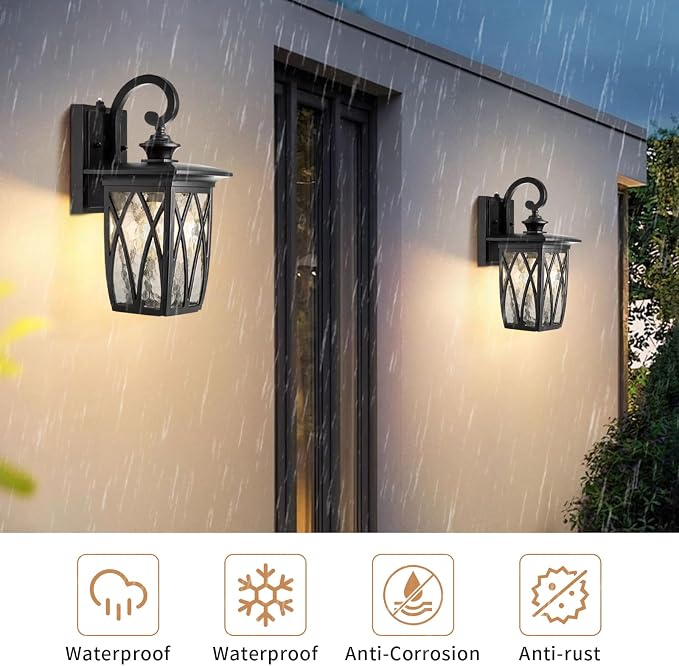 JYZ Dusk to Dawn Outdoor Wall Lantern, Craftsman Style Exterior Sconce Light with Water Ripple Glass, Traditional Porch Light Fixture Wall Mount Lamp for Front Porch Doorway Garage Patio Garden 14''