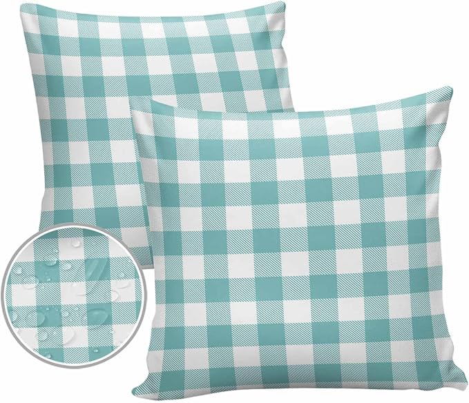 Outdoor Waterproof Throw Pillow Covers Set of 2 Teal Green White Check Plaid Pillowcases 20x20 Inches Farmhouse Style Patio Decorative Pillows Cushion Case Patio Pillows for Couch Bed Chair Garden