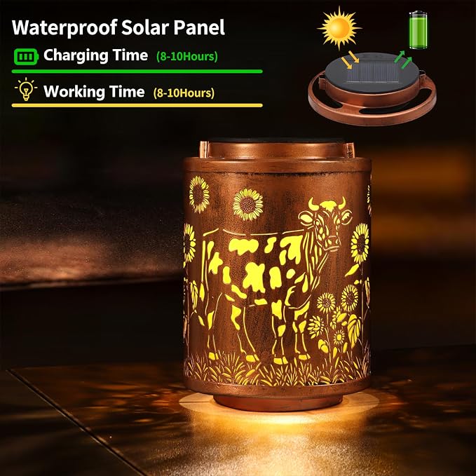 Solar Lanterns Metal Hanging Garden Decor Birthday Gifts for Women (Cow) | Solar Lights Waterproof Outdoor Decoration for Outside LED Lanterns for Yard Patio Lawn Gifts for Mon Grandma