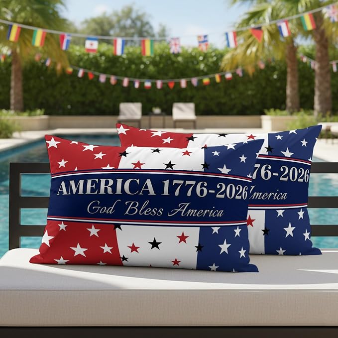 America 250th Anniversary Outdoor Pillow Covers 20"x12" Set of 2, God Bless America Patriotic Star Strip Waterproof Throw Pillow Covers for Patio Furniture, Decorative Cushion Covers for Porch