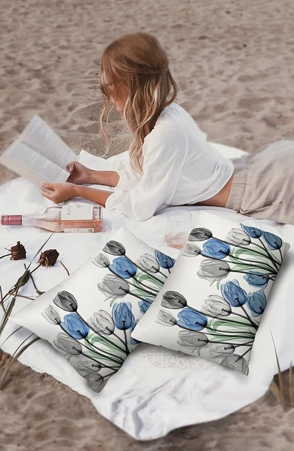 Vandarllin Outdoor Throw Pillows Covers 12X20 Set of 2 Waterproof Gray Blue Tulip Decorative Zippered Lumbar Cushion Covers for Patio Furniture, Spring Summer Flowers Floral
