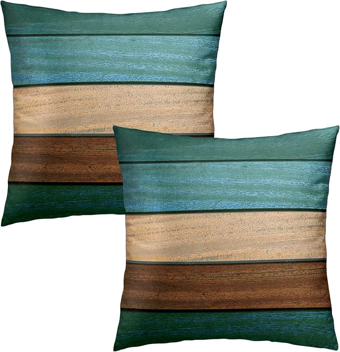 Teal Green Brown Pillow Covers 18x18 Inch Set of 2, Retro Rustic Barn Wood Decorative Throw Pillow Case Soft Cotton Square Cushion Cover Outdoor Sofa Patio Home Decor