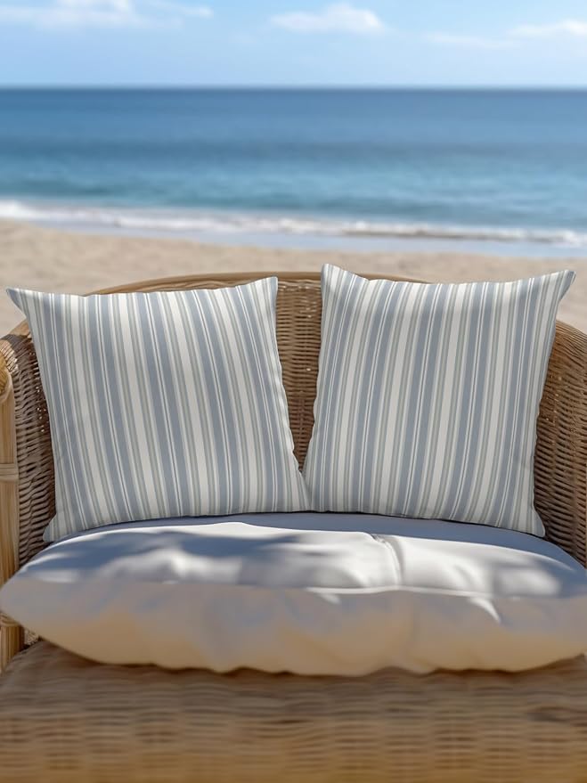 Waterproof Outdoor Pillow Set of 2 Blue Stripes Decorative Throw Pillows Cover & Insert 18x18 Inch Pillowcase White Lines Lines Square Pillows for Couch Sofa Bed Patio Furniture Indoor Outdoor