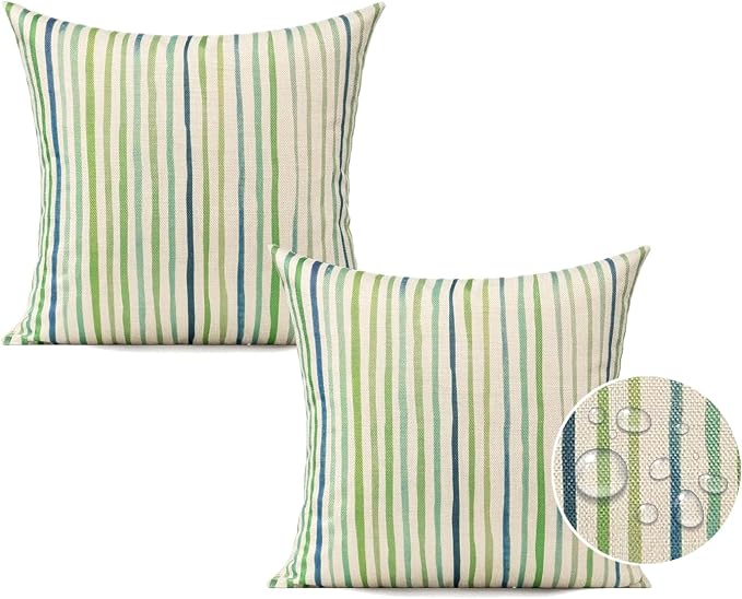 All Smiles Sage Green Outdoor Waterproof Throw Pillow Covers 18x18 Set of 2 | Spring Summer Decorative Cushion Cases Porch Decor for Patio Bench Garden Furnitures Couch Sofa,Sage Green Lines Stripes