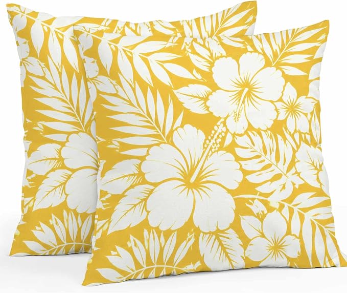 Yellow Hibiscus Flowers Waterproof Outdoor Pillow Covers Set of 2 Home Decor, Tropical Monstera Leaves Lumbar Pillowcase Patio Pillow Covers for Couch Bench Patio Furniture Garden 20x20in