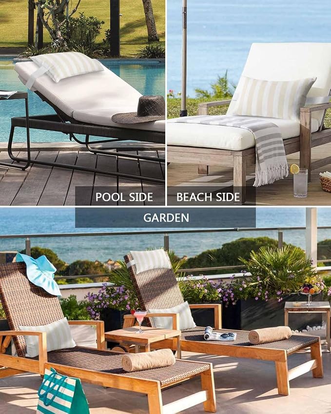 DecorLovee Cream Striped Outdoor Recliner Pillows for Head, Farmhouse Waterproof Chair Pillow with Elastic Stripe, Cream White Stripes Chaise Lounge Headrest Pillow for Patio/Beach/Pool 1Pack, 11"x16"