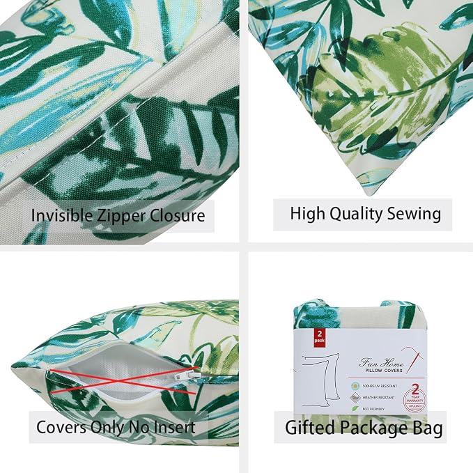 Waterproof Outdoor Throw Pillow Covers Set of 2,Home Decor for Garden Patio Furniture,Couch,Sofa 18 x18 Inch Decorative Pillows Cover Only,NO Insert(Palm Leaf)