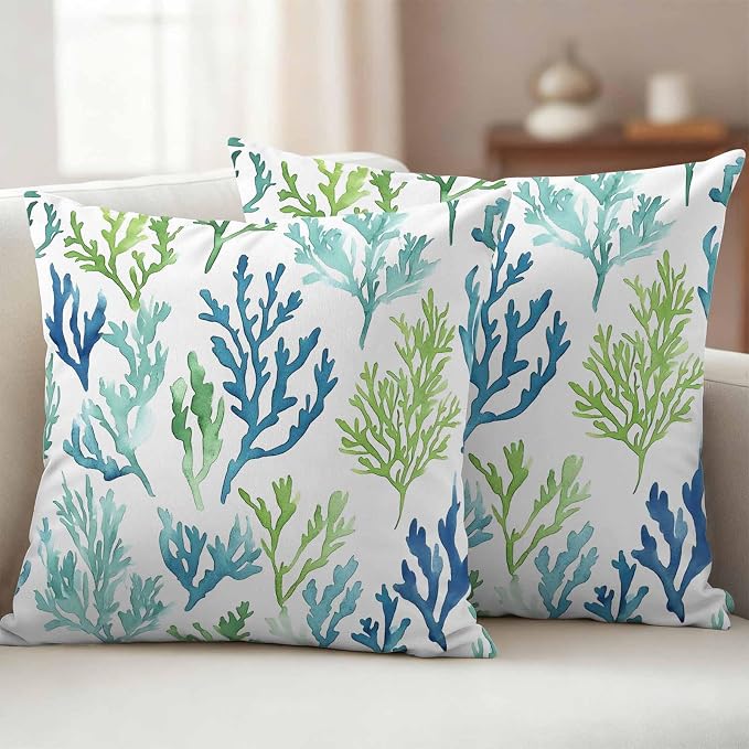Ocean Teal Outdoor Waterproof Throw Pillow Covers Set of 2, 18"x18", Blue Green Coral Underwater Garden Coastal Decorative Pillow Covers Outside Cushion Case for Patio Porch Garden