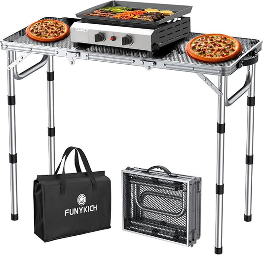 FUNYKICH 3ft Folding Grill Table for Outside 34.2''x15.7'', 3 Height Adjustable Portable Camping Table, Lightweight Metal Aluminum Outdoor Table with Carry Handle for Camping, Picnic, BBQ, Silver