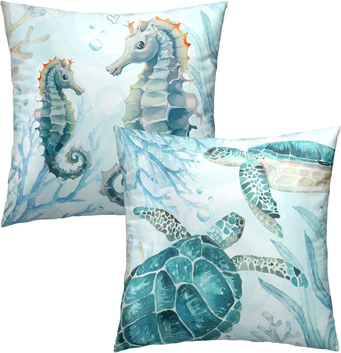Sea Turtle Throw Pillow Covers 16 x 16 Inch Set of 2 - Ocean Animal Themed Decorative Pillows Soft Cotton Linen Cushion Cases for Couch Sofa Chair Bedroom Outdoor Home Decor