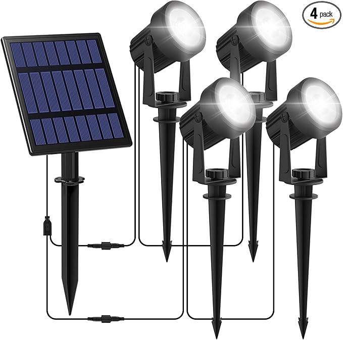 Solar Spot Lights Outdoor, 4-in-1 Solar Landscape Spotlight Waterproof 9.8ft Cable, 5W 3000mAh, Dusk to Dawn Auto ON/Off Adjustable Wall Lights for Yard, Ground, Garden, Pool, Lawn (Cold White)