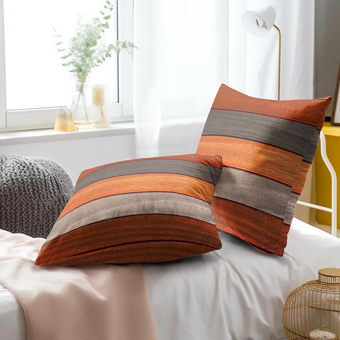 Orange Rustic Wood Pillow Cover Pack of 2, Fall Vintage Wood Board Print Cotton Pillowcase Cushion Cover for Sofa Chair Couch Autumn Harvest Decor 16" x 16"
