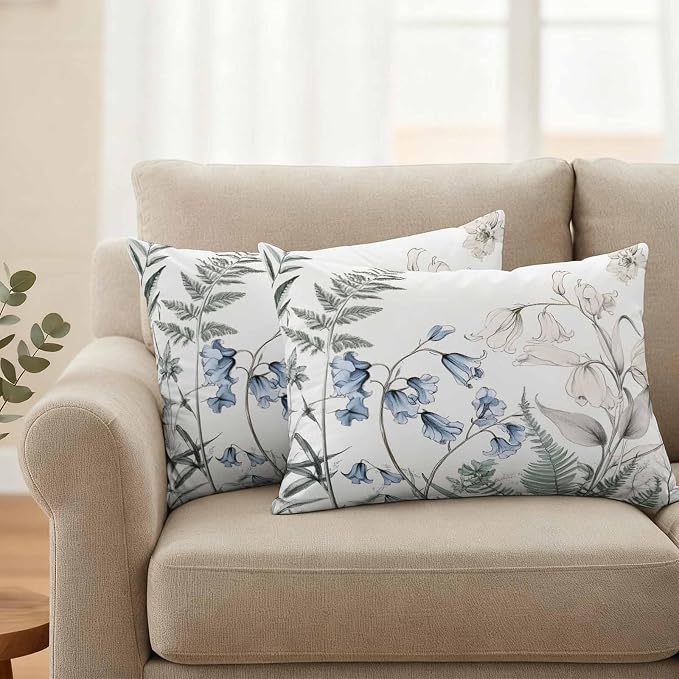 Lumbar Pillow Covers 20x12 Inch Set of 2, Blue Beige Floral Waterproof Outdoor Pillow Covers, Farmhouse Botanical Decorative Cushion Pillowcases for Couch, Sofa, Bed, Garden, Patio