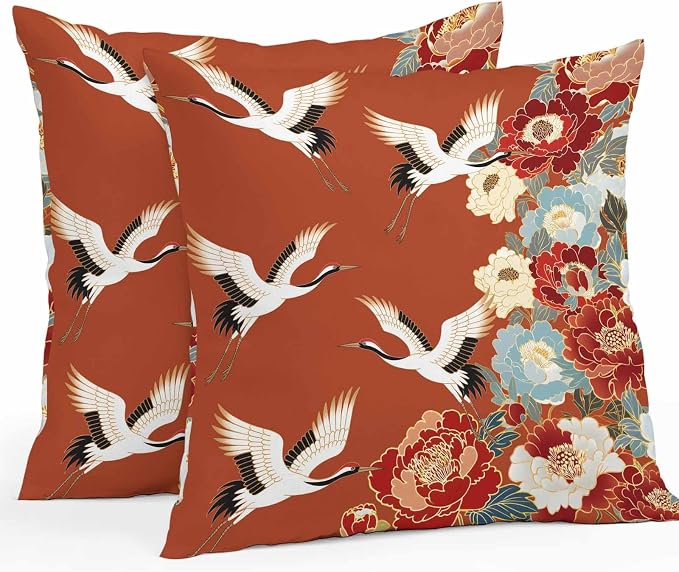 Japanese Style Outdoor Pillow Covers 26x26 Inch Throw Pillow Covers Set of 2 Waterproof Decorative Pillow Cases Red Farmhouse Botanical Peony Birds Cushion Covers for Patio Furniture Garden Couch Sofa