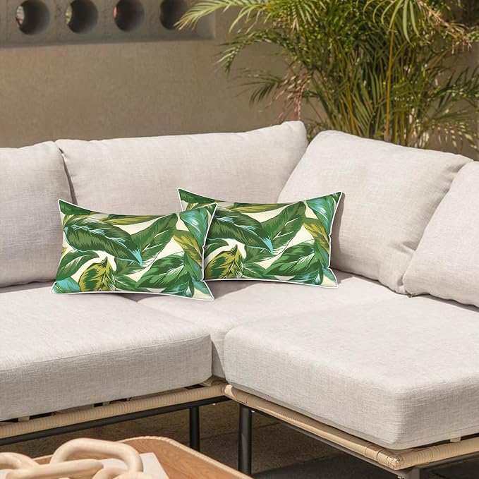 LVTXIII 2 Pack Outdoor Lumbar Pillows 12x20 Inch with White Piping, Fade Resistant Support Throw Pillows with Inserts for Patio Furniture, Sofa, Chair, Lush Leaf Jungle