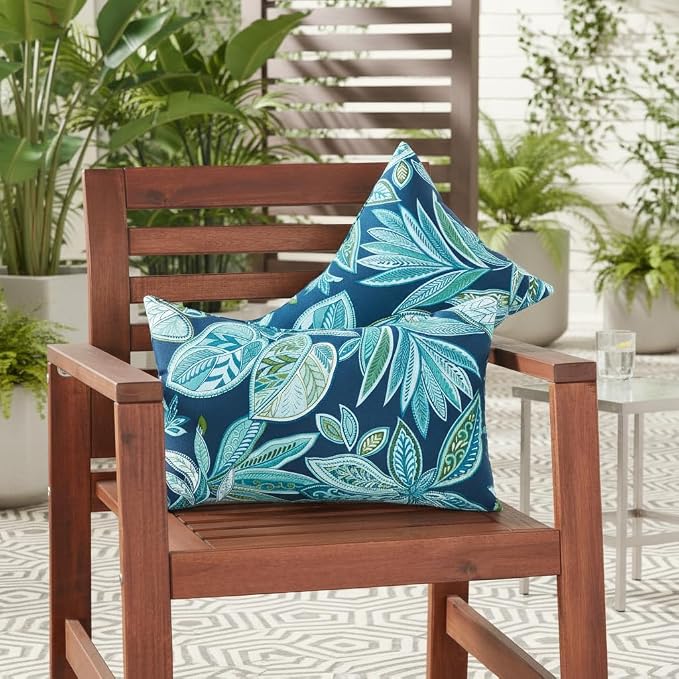 Set of 2 Outdoor Throw Pillows 19 x 12 Inch – Reversible Rectangle Patio Accent Pillows – Weather-Resistant Polyester Fabric – Eco-Friendly Recycled Polyfiber Fill – Botanical Crestwood