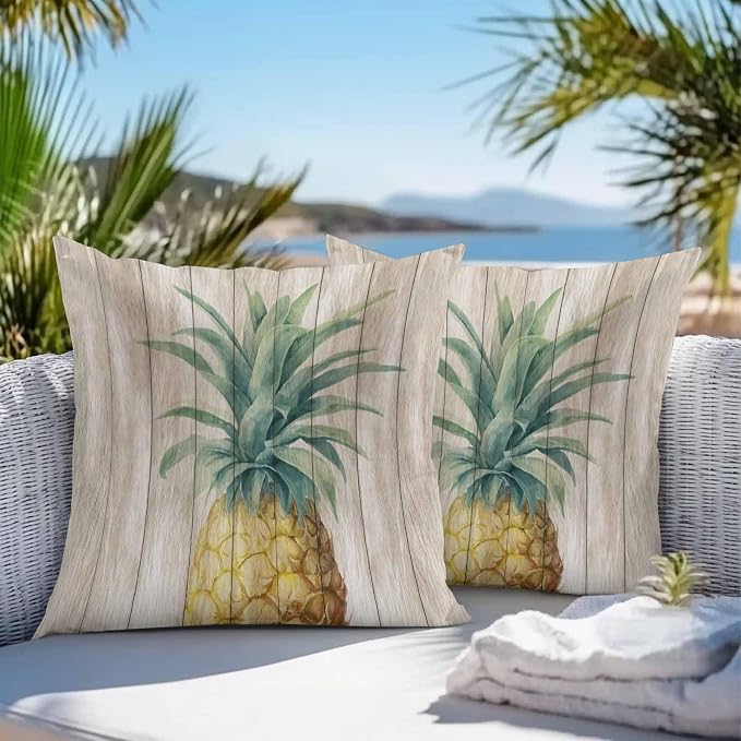 Vandarllin Outdoor Throw Pillows Covers 20x20 inch Set of 2 Waterproof Pineapple Decorative Zippered Cushion Covers for Patio Furniture, Summer Tropical Fruit Wood Lumbar Pillowcases