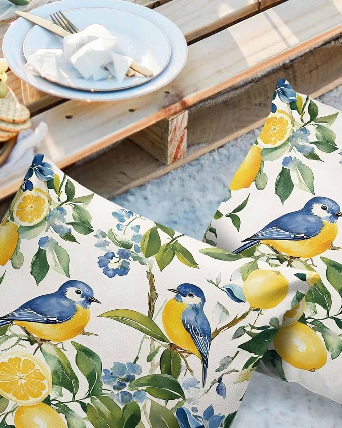 Outdoor Throw Pillow Covers Waterproof Pillow Cases 26x26In, Watercolor Lemon Bird Decorative Pillow Covers Cushion Cases for Couch Sofa Patio Garden,2 Pack Vintage Spring Blue Flower Foliage