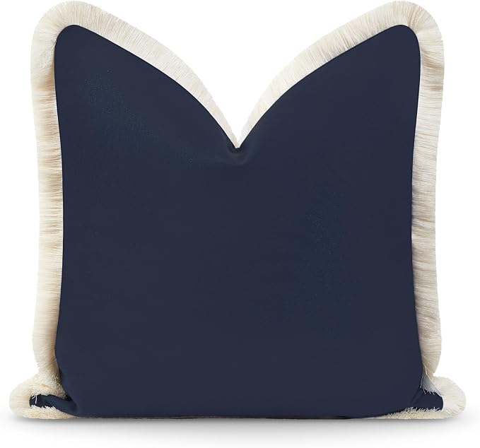 Hofdeco Premium Coastal Hampton Style Patio Outdoor Performance Pillow Cover Only, 20"x20" Water Repellent, UV and Fade Resistant for Backyard, Couch, Dark Navy Blue Solid with Fringe